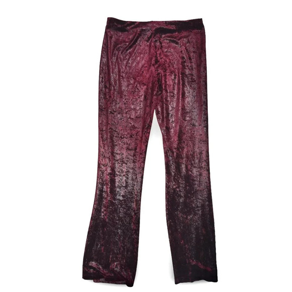 VINTAGE EXPRESS || Glam Velour Mixed Texture Snakeprint Ox Blood Flowy Pants 3 4 - Picture 1 of 10